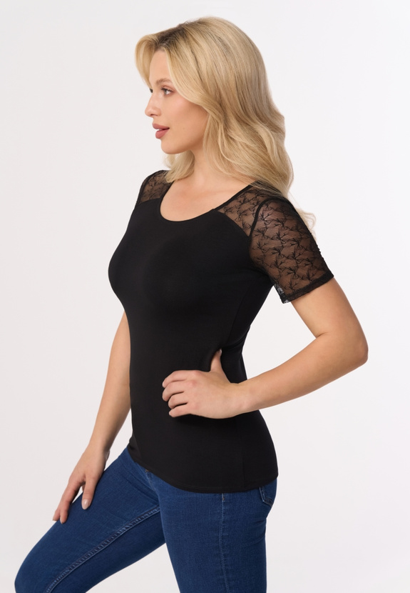 Czarna bluzka damska z koronkowym rękawem ODETTA