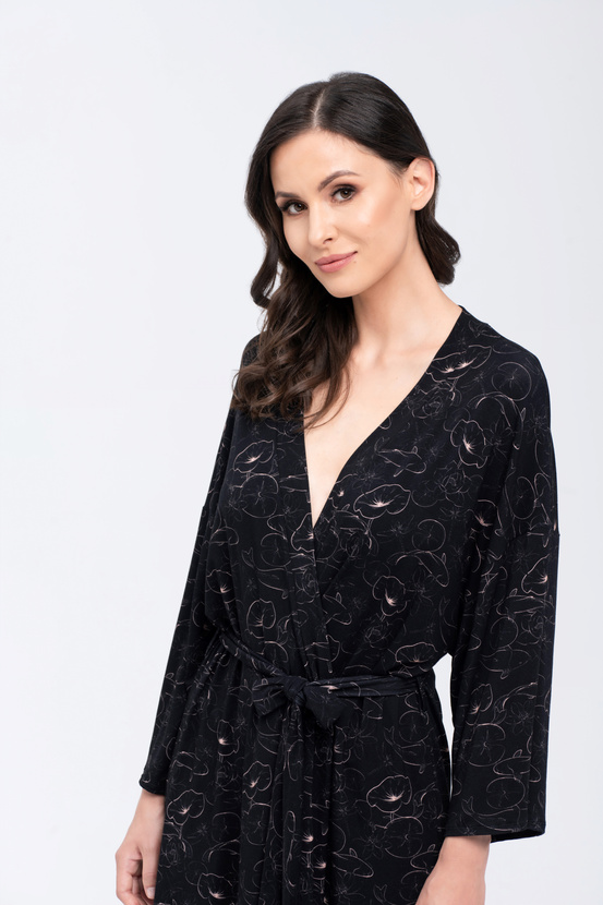 KOI - bathrobe in black and a delicate floral motif 