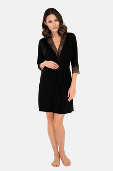 ALLISON - viscose bathrobe with lace trim in black